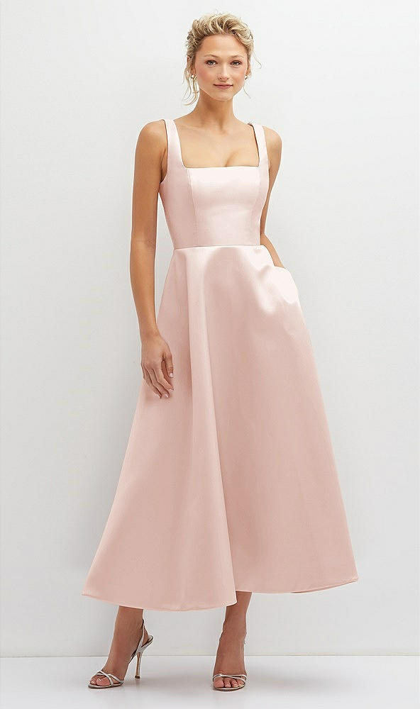 Front View - Blush Square Neck Satin Midi Dress with Full Skirt & Pockets