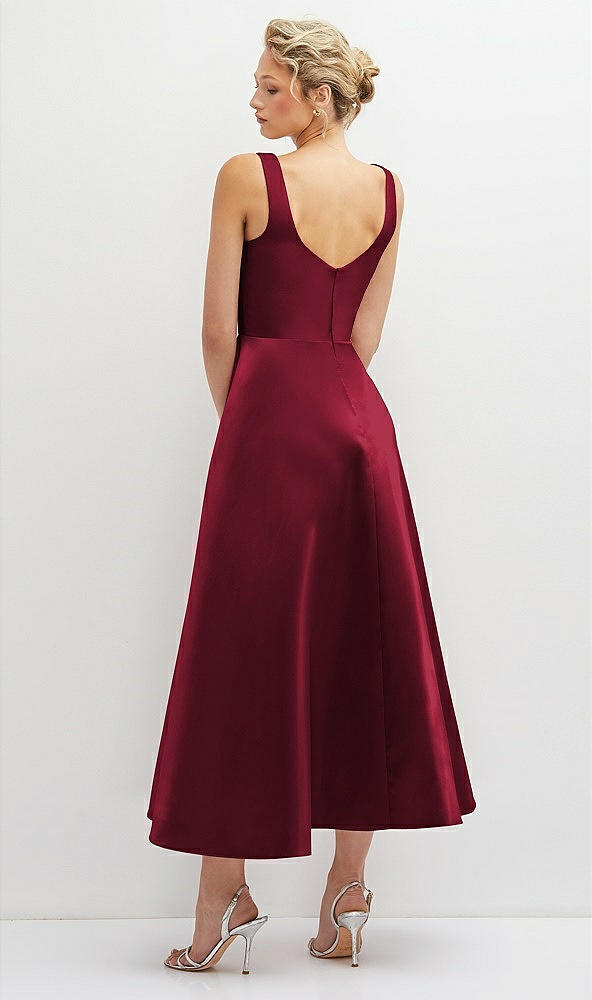 Back View - Burgundy Square Neck Satin Midi Dress with Full Skirt & Pockets