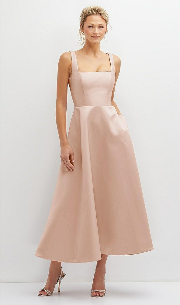 Front View - Cameo Square Neck Satin Midi Dress with Full Skirt & Pockets