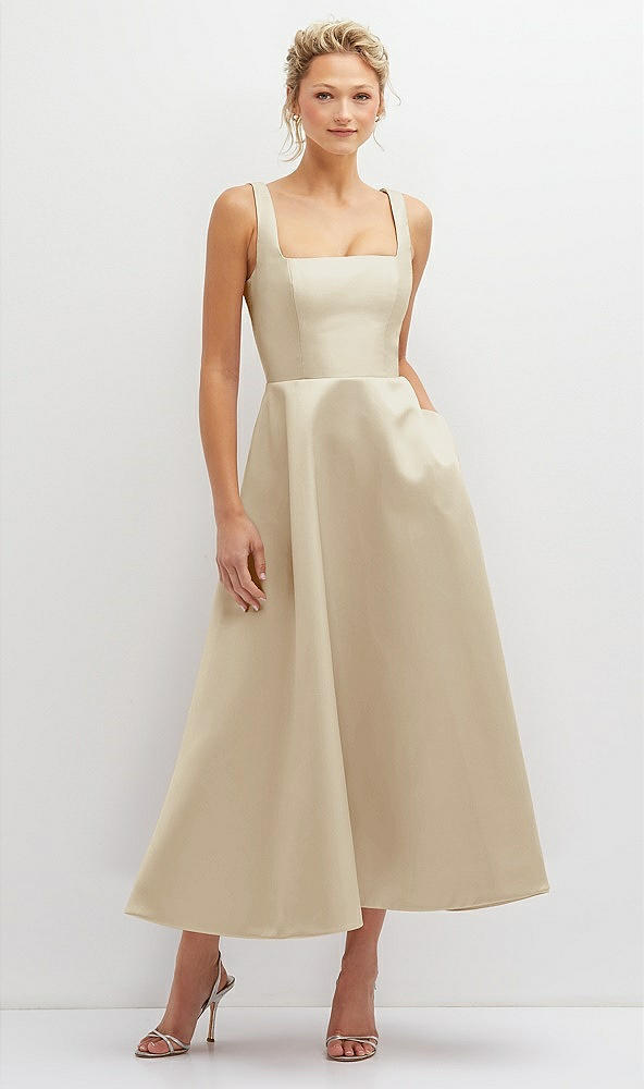 Front View - Champagne Square Neck Satin Midi Dress with Full Skirt & Pockets