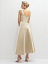 Rear View Thumbnail - Champagne Square Neck Satin Midi Dress with Full Skirt & Pockets