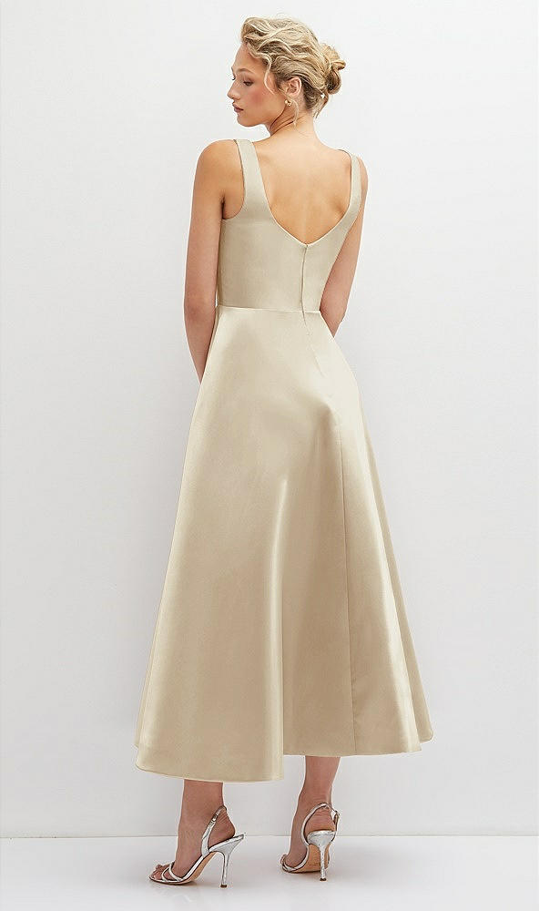 Back View - Champagne Square Neck Satin Midi Dress with Full Skirt & Pockets