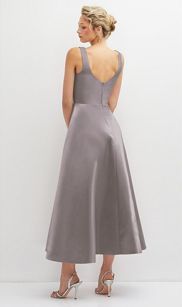 Back View - Cashmere Gray Square Neck Satin Midi Dress with Full Skirt & Pockets