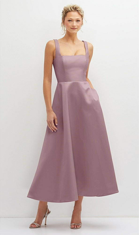 Front View - Dusty Rose Square Neck Satin Midi Dress with Full Skirt & Pockets