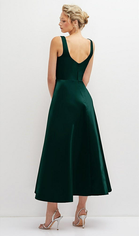 Back View - Evergreen Square Neck Satin Midi Dress with Full Skirt & Pockets