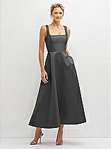 Front View Thumbnail - Gunmetal Square Neck Satin Midi Dress with Full Skirt & Pockets