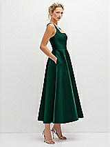 Side View Thumbnail - Hunter Green Square Neck Satin Midi Dress with Full Skirt & Pockets