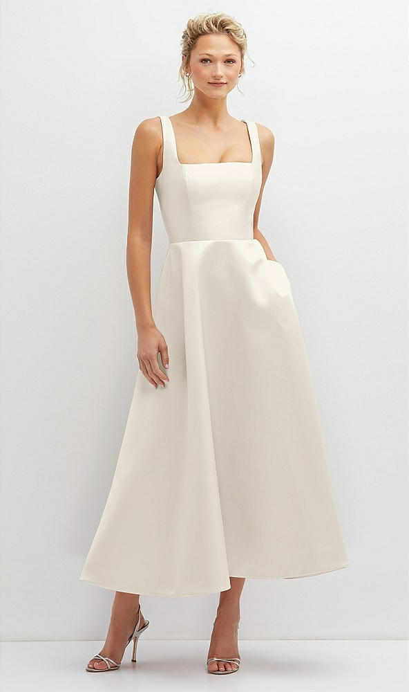 Front View - Ivory Square Neck Satin Midi Dress with Full Skirt & Pockets