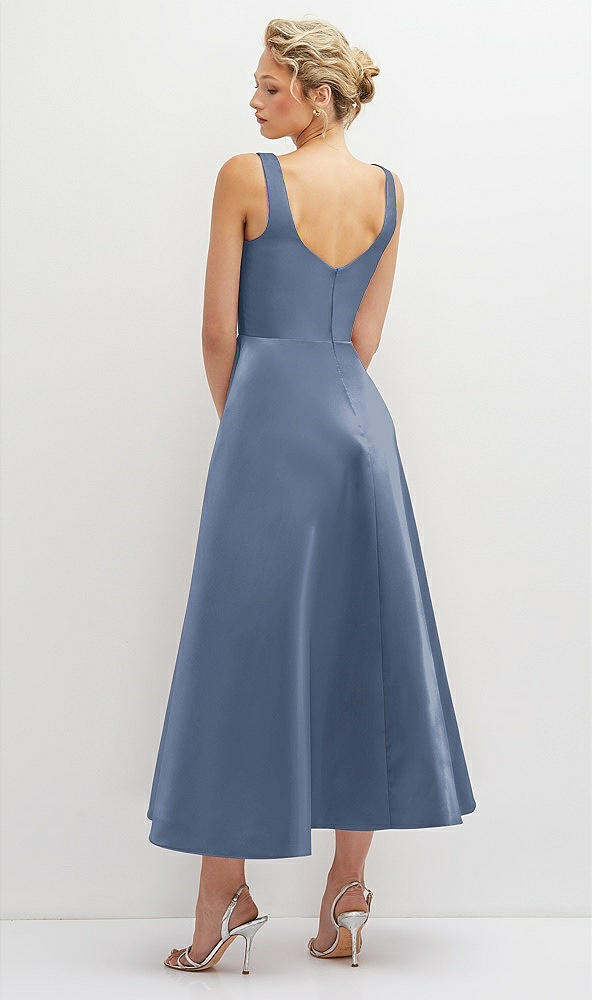 Back View - Larkspur Blue Square Neck Satin Midi Dress with Full Skirt & Pockets