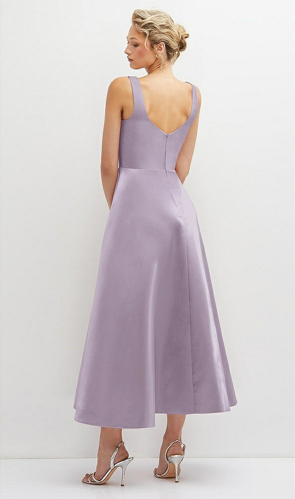 Back View - Lilac Haze Square Neck Satin Midi Dress with Full Skirt & Pockets