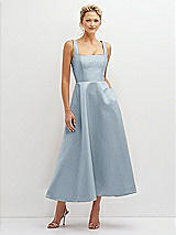 Front View Thumbnail - Mist Square Neck Satin Midi Dress with Full Skirt & Pockets