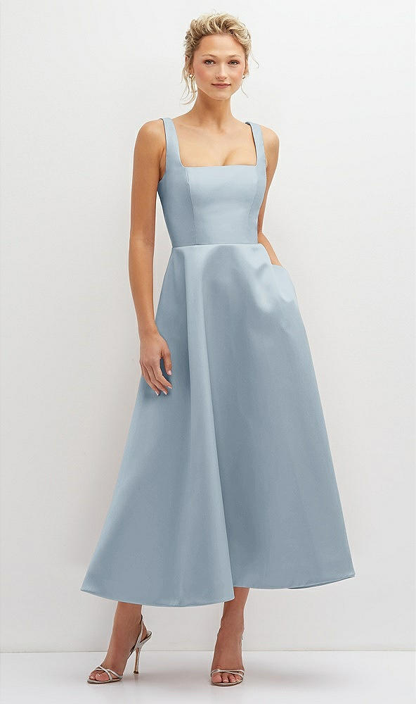 Front View - Mist Square Neck Satin Midi Dress with Full Skirt & Pockets