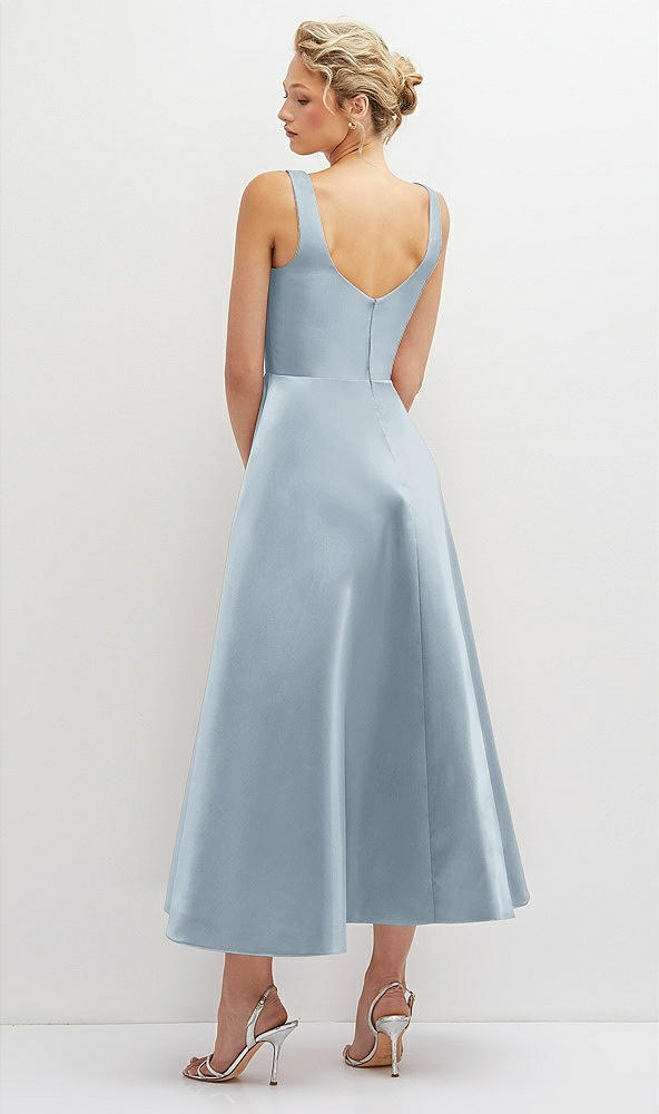 Back View - Mist Square Neck Satin Midi Dress with Full Skirt & Pockets