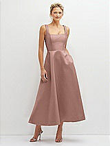 Front View Thumbnail - Neu Nude Square Neck Satin Midi Dress with Full Skirt & Pockets