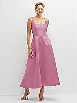 Front View Thumbnail - Powder Pink Square Neck Satin Midi Dress with Full Skirt & Pockets