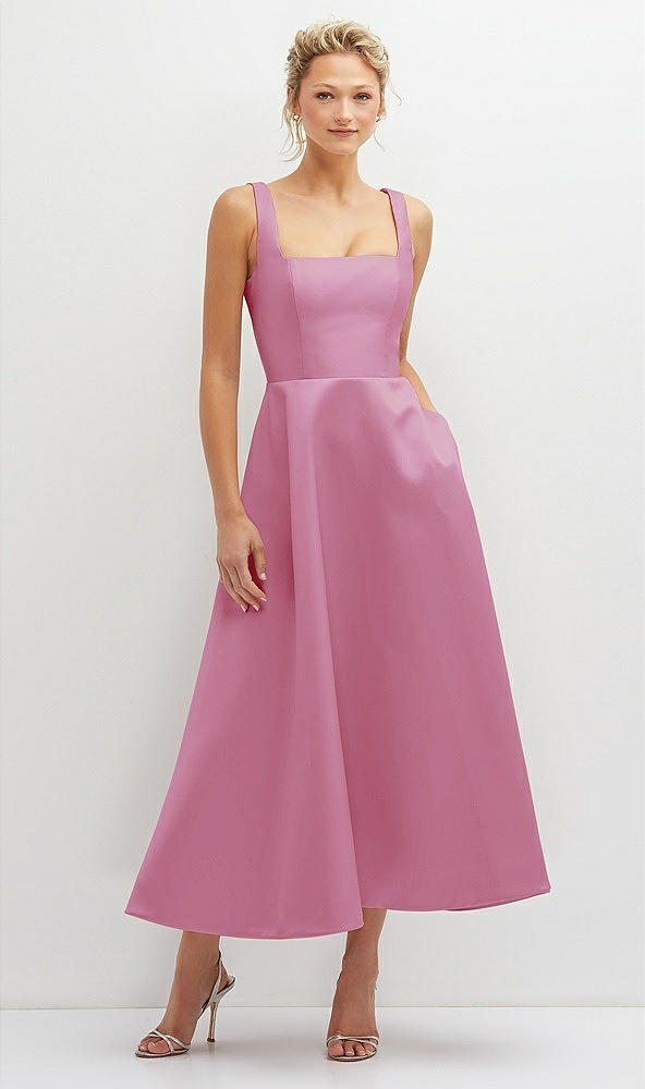 Front View - Powder Pink Square Neck Satin Midi Dress with Full Skirt & Pockets