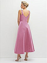 Rear View Thumbnail - Powder Pink Square Neck Satin Midi Dress with Full Skirt & Pockets