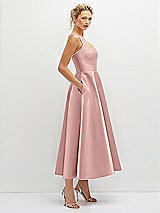 Side View Thumbnail - Rose - PANTONE Rose Quartz Square Neck Satin Midi Dress with Full Skirt & Pockets