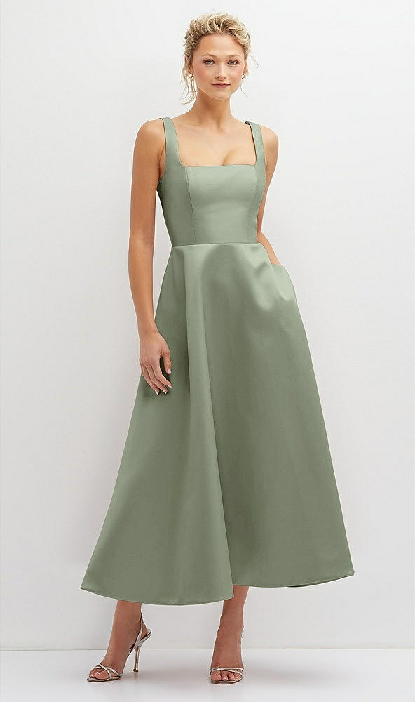 Front View - Sage Square Neck Satin Midi Dress with Full Skirt & Pockets