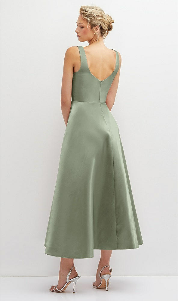 Back View - Sage Square Neck Satin Midi Dress with Full Skirt & Pockets