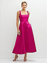 Front View Thumbnail - Think Pink Square Neck Satin Midi Dress with Full Skirt & Pockets