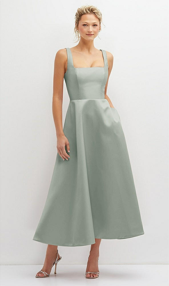 Front View - Willow Green Square Neck Satin Midi Dress with Full Skirt & Pockets