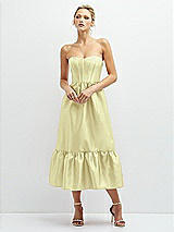 Front View Thumbnail - Butter Yellow Strapless Satin Midi Corset Dress with Lace-Up Back & Ruffle Hem