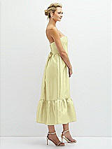 Side View Thumbnail - Butter Yellow Strapless Satin Midi Corset Dress with Lace-Up Back & Ruffle Hem