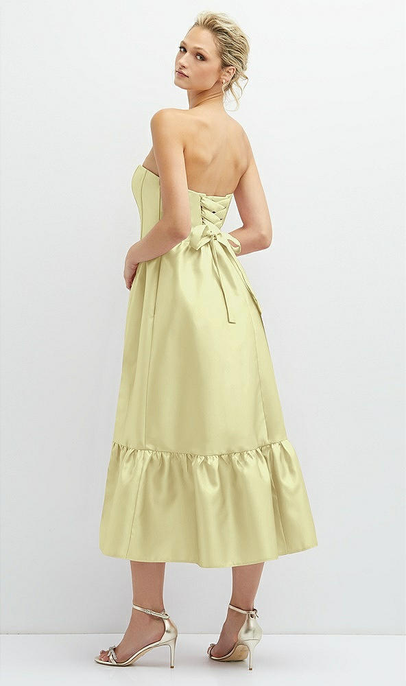 Back View - Butter Yellow Strapless Satin Midi Corset Dress with Lace-Up Back & Ruffle Hem