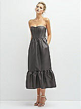 Alt View 1 Thumbnail - Caviar Gray Strapless Satin Midi Corset Dress with Lace-Up Back & Ruffle Hem