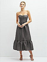 Front View Thumbnail - Caviar Gray Strapless Satin Midi Corset Dress with Lace-Up Back & Ruffle Hem