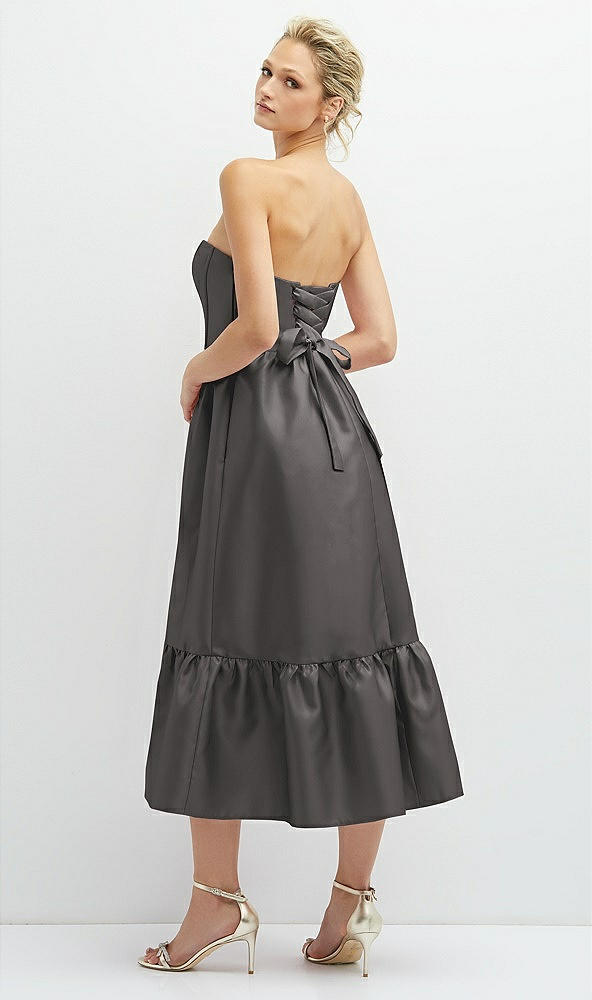 Back View - Caviar Gray Strapless Satin Midi Corset Dress with Lace-Up Back & Ruffle Hem