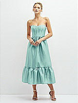 Front View Thumbnail - Coastal Strapless Satin Midi Corset Dress with Lace-Up Back & Ruffle Hem