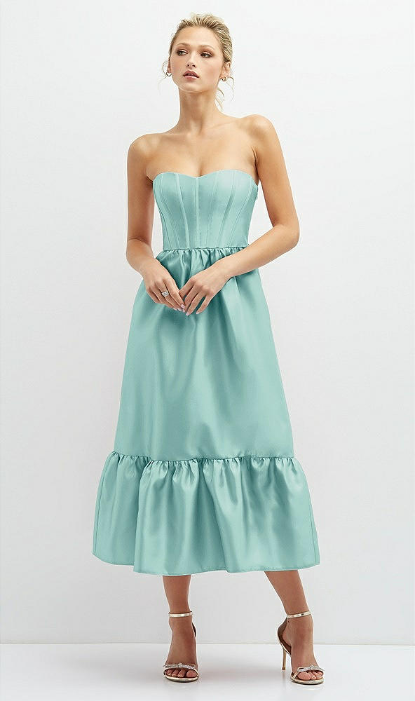 Front View - Coastal Strapless Satin Midi Corset Dress with Lace-Up Back & Ruffle Hem