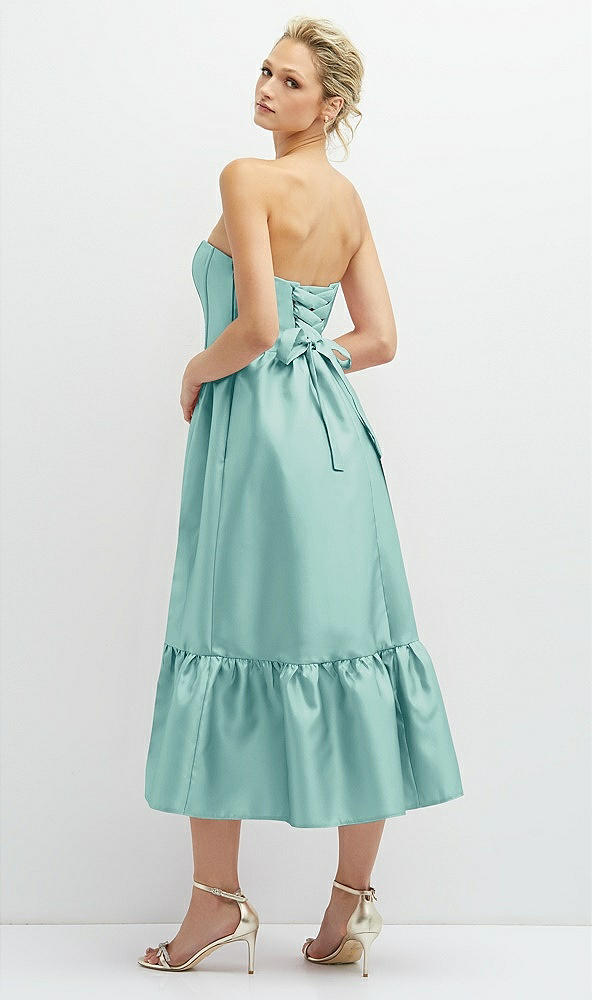 Back View - Coastal Strapless Satin Midi Corset Dress with Lace-Up Back & Ruffle Hem