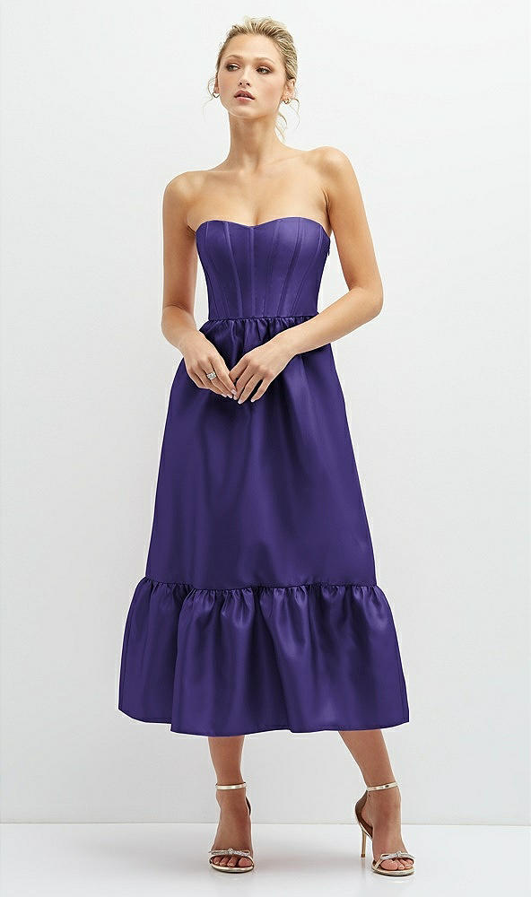 Front View - Grape Strapless Satin Midi Corset Dress with Lace-Up Back & Ruffle Hem