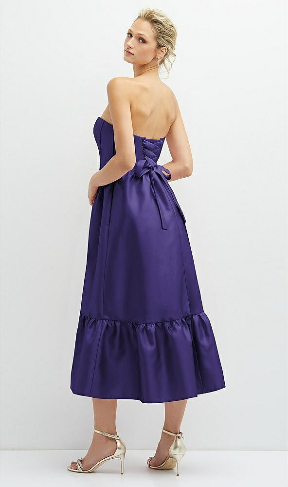 Back View - Grape Strapless Satin Midi Corset Dress with Lace-Up Back & Ruffle Hem