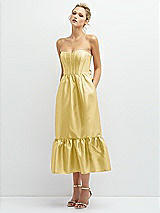 Alt View 1 Thumbnail - Maize Strapless Satin Midi Corset Dress with Lace-Up Back & Ruffle Hem