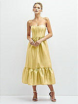 Front View Thumbnail - Maize Strapless Satin Midi Corset Dress with Lace-Up Back & Ruffle Hem