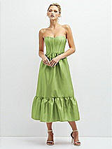 Front View Thumbnail - Mojito Strapless Satin Midi Corset Dress with Lace-Up Back & Ruffle Hem