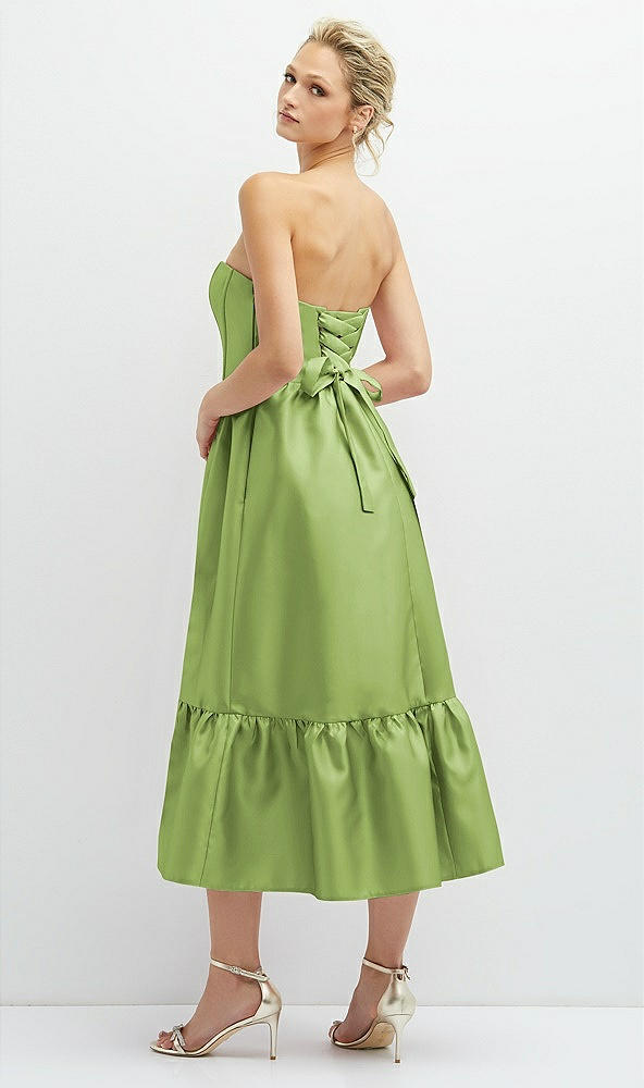 Back View - Mojito Strapless Satin Midi Corset Dress with Lace-Up Back & Ruffle Hem