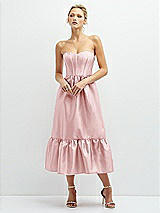 Front View Thumbnail - Ballet Pink Strapless Satin Midi Corset Dress with Lace-Up Back & Ruffle Hem