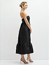 Side View Thumbnail - Black Strapless Satin Midi Corset Dress with Lace-Up Back & Ruffle Hem