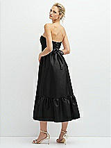 Rear View Thumbnail - Black Strapless Satin Midi Corset Dress with Lace-Up Back & Ruffle Hem