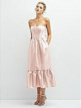 Alt View 1 Thumbnail - Blush Strapless Satin Midi Corset Dress with Lace-Up Back & Ruffle Hem