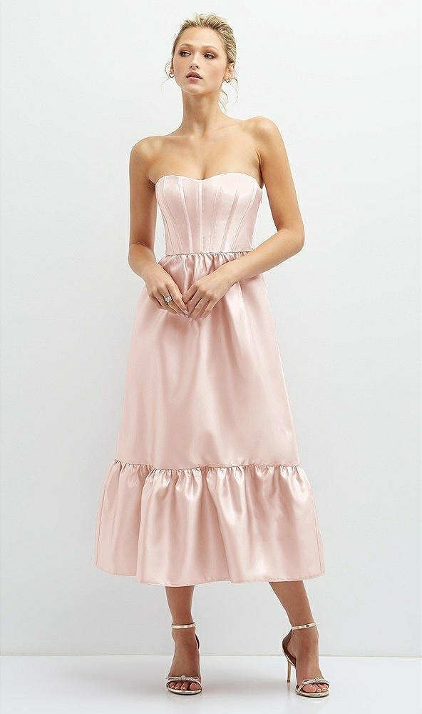 Front View - Blush Strapless Satin Midi Corset Dress with Lace-Up Back & Ruffle Hem