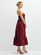 Side View Thumbnail - Burgundy Strapless Satin Midi Corset Dress with Lace-Up Back & Ruffle Hem