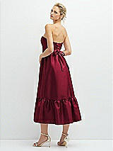 Rear View Thumbnail - Burgundy Strapless Satin Midi Corset Dress with Lace-Up Back & Ruffle Hem