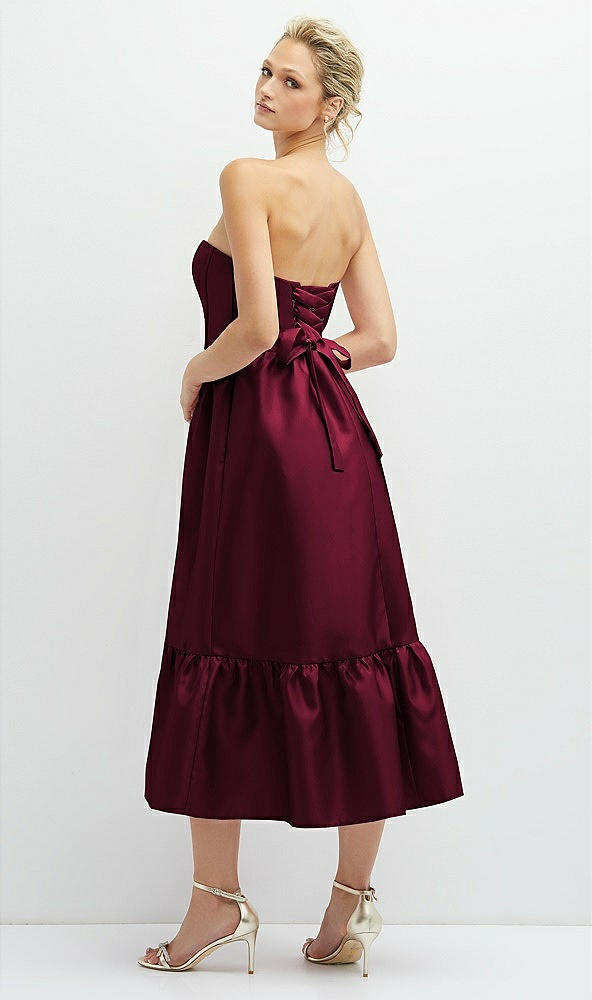 Back View - Cabernet Strapless Satin Midi Corset Dress with Lace-Up Back & Ruffle Hem