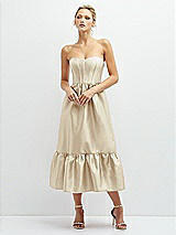 Front View Thumbnail - Champagne Strapless Satin Midi Corset Dress with Lace-Up Back & Ruffle Hem